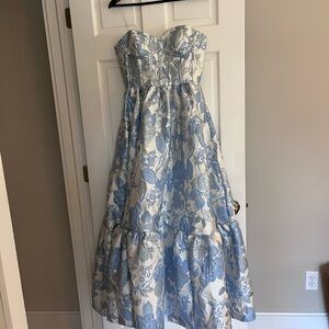 Strapless Blue and White Floral Dress